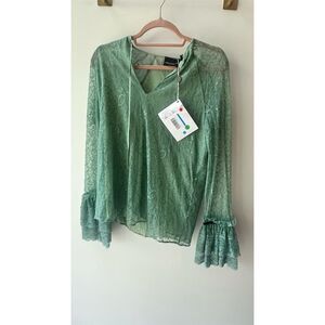 Atos Lombardini Women's Green Lace Ruffle Blouse Size S Long Sleeve
